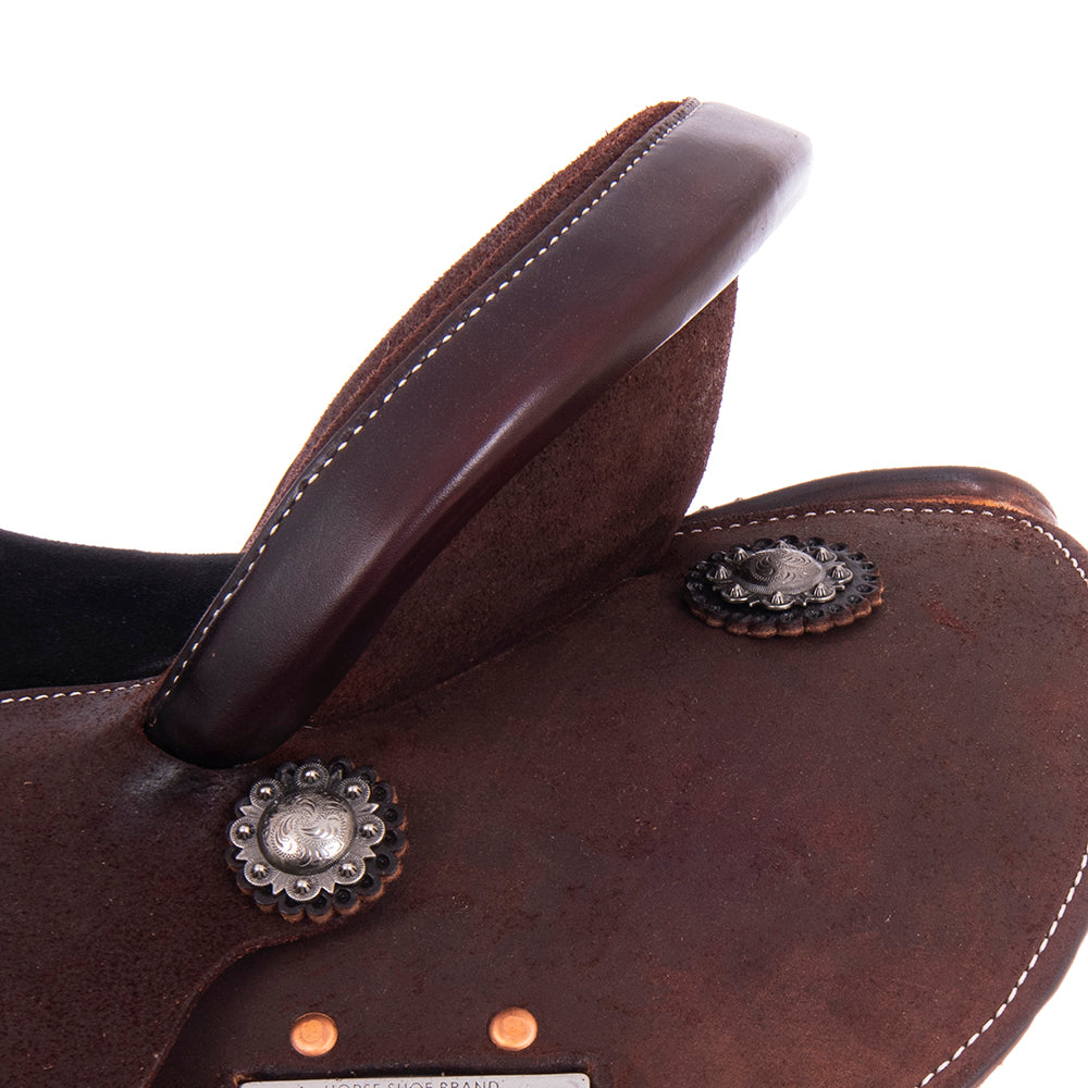 Burns Chocolate RO Barrel Saddle - Round - No Tooling - Black Flat Leather Inlay