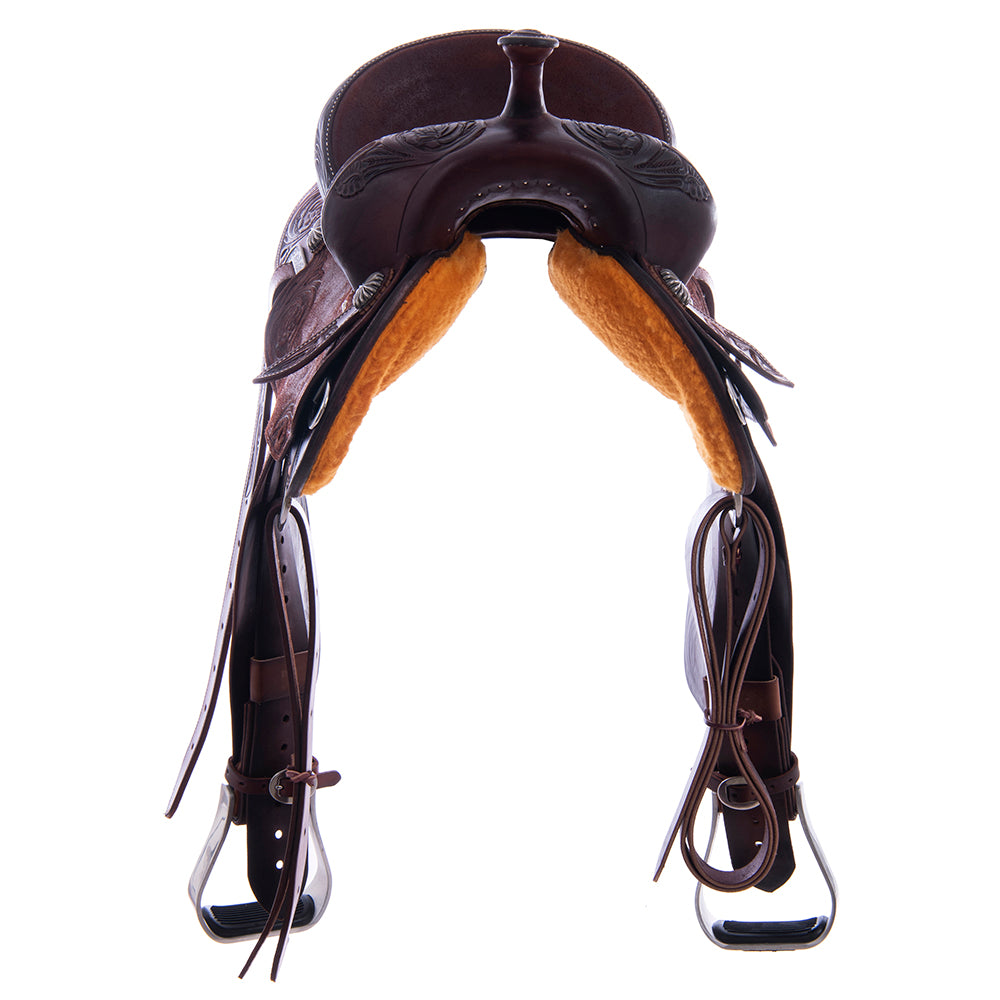 Burns Chocolate SO/RO Barrel Saddle - Round - Sunflower Floral Corner - Peanut Sundance Caiman Inlay