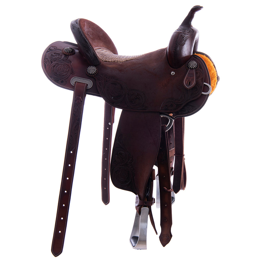 Burns Chocolate SO/RO Barrel Saddle - Round - Sunflower Floral Corner - Peanut Sundance Caiman Inlay