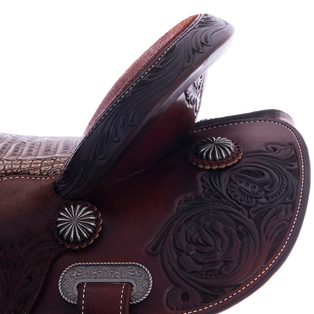 Burns Chocolate SO/RO Barrel Saddle - Round - Sunflower Floral Corner - Peanut Sundance Caiman Inlay