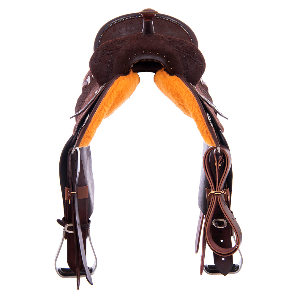 Barrel Saddle – Chocolate Roughout, Notched Skirt, Sunny D Floral Corner with Diamond & Half Diamond Tooling, Standard