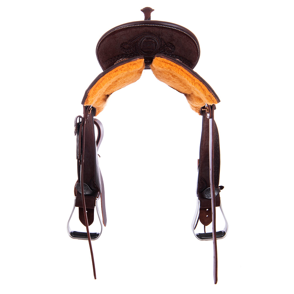Barrel Saddle – Chocolate Roughout, Notched Skirt, Sunny D Floral Corner with Diamond & Half Diamond Tooling, Standard