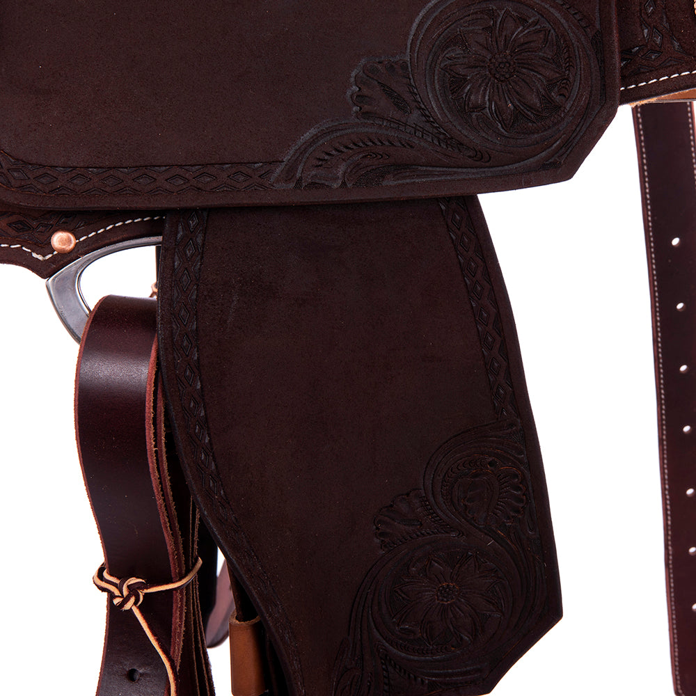 Barrel Saddle – Chocolate Roughout, Notched Skirt, Sunny D Floral Corner with Diamond & Half Diamond Tooling, Standard