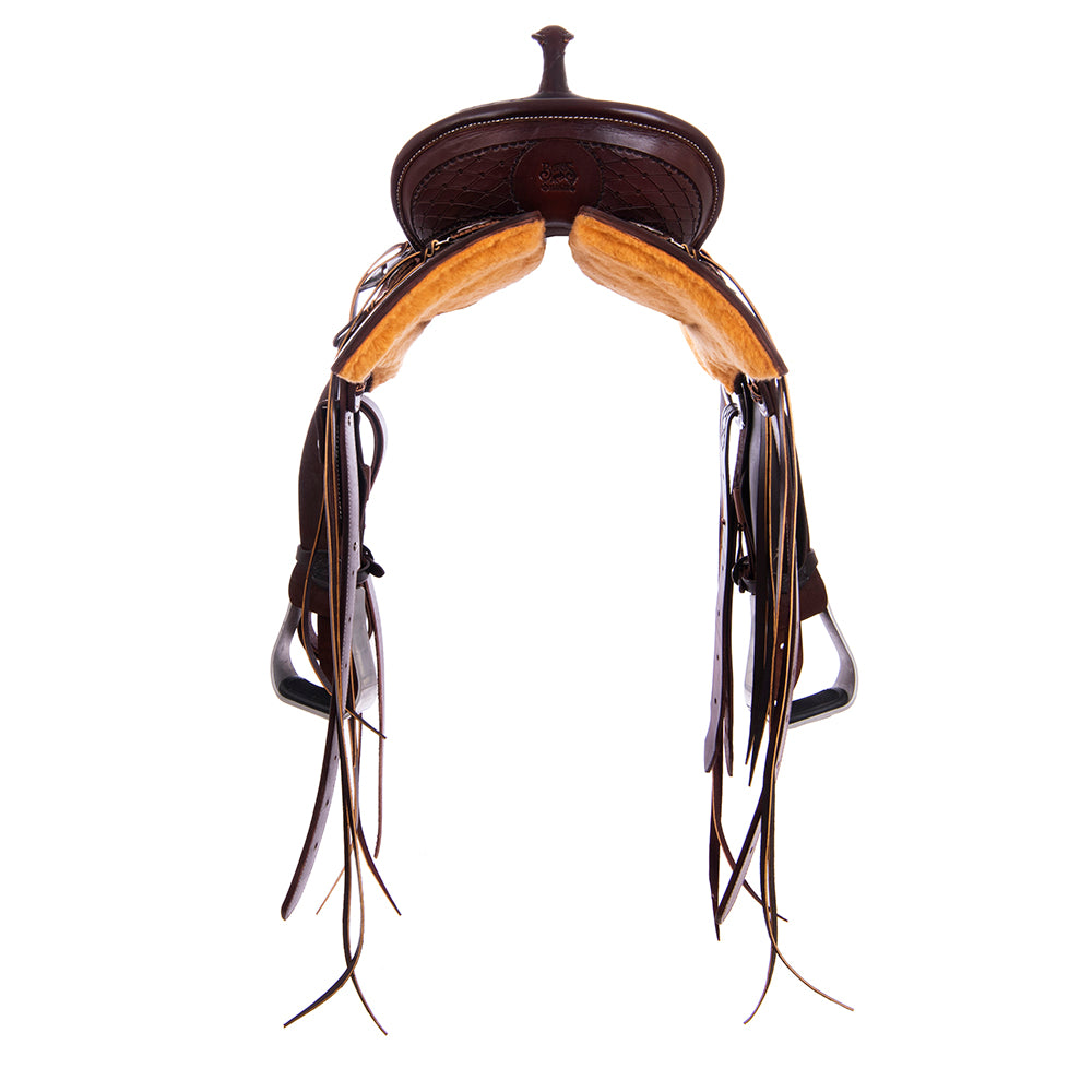 Barrel Saddle – Chocolate Leather, Smooth/Roughout, Semi-Square Skirt, 1/2 Old World & 1/2 Camo Border, Pencil Roll Cantle, Strings