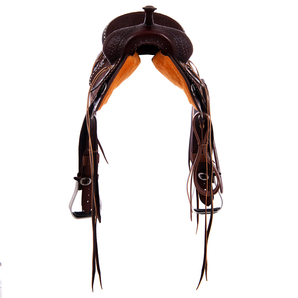 7/8 Chocolate Smooth 1/8 Roughout Barrel Saddle- Notched 7/8 Diamond Waffle Tooling and White Buckstitch, Cheyenne