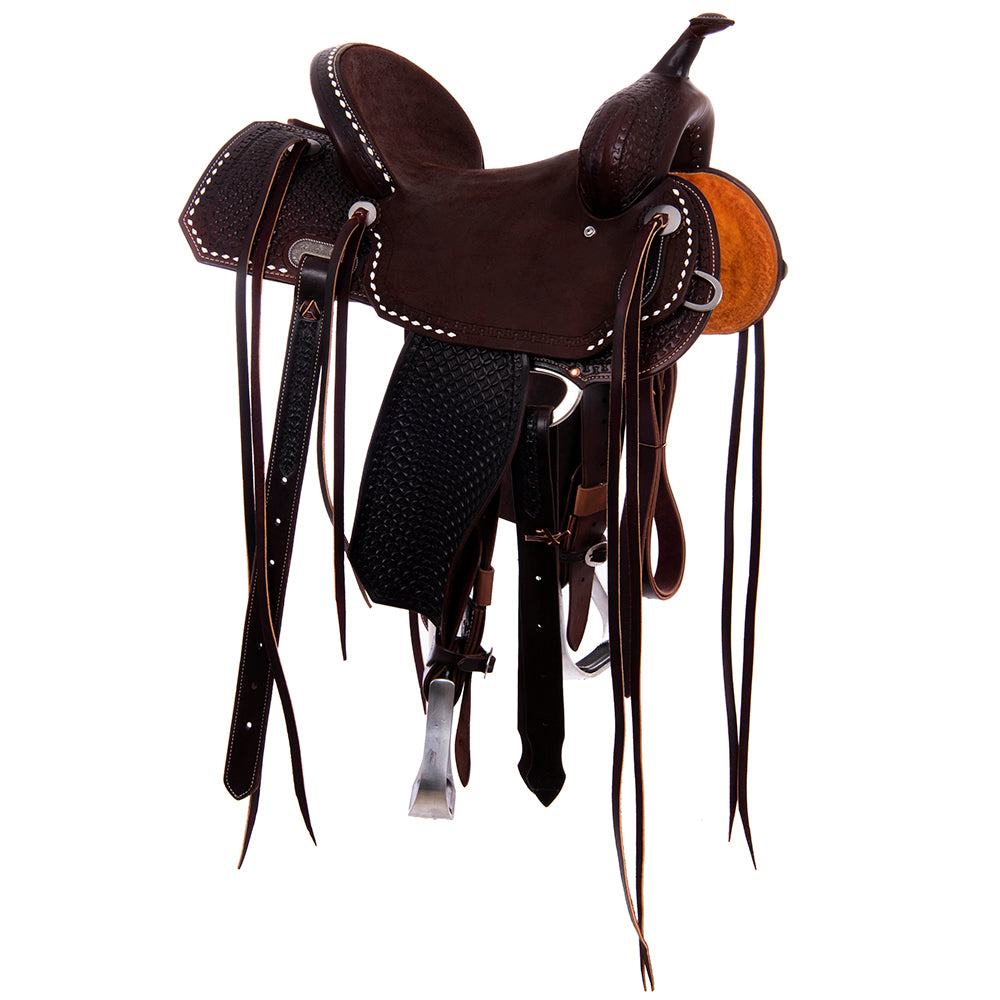 7/8 Chocolate Smooth 1/8 Roughout Barrel Saddle- Notched 7/8 Diamond Waffle Tooling and White Buckstitch, Cheyenne