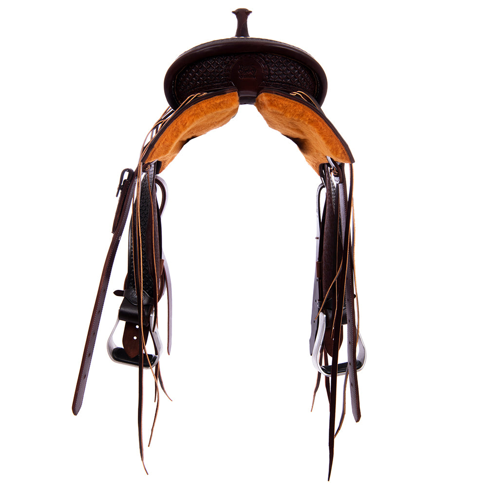 7/8 Chocolate Smooth 1/8 Roughout Barrel Saddle- Notched 7/8 Diamond Waffle Tooling and White Buckstitch, Cheyenne