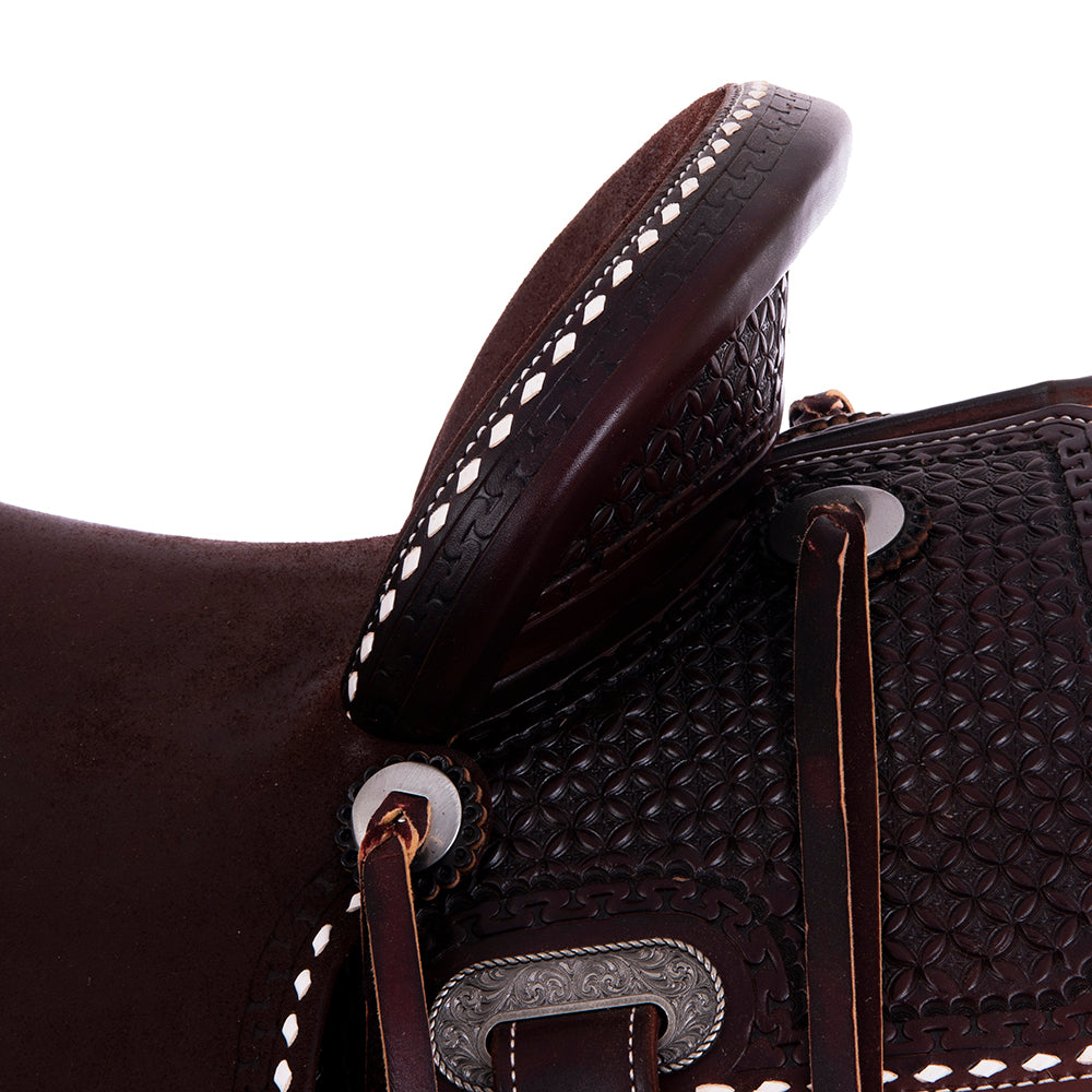 7/8 Chocolate Smooth 1/8 Roughout Barrel Saddle- Notched 7/8 Diamond Waffle Tooling and White Buckstitch, Cheyenne