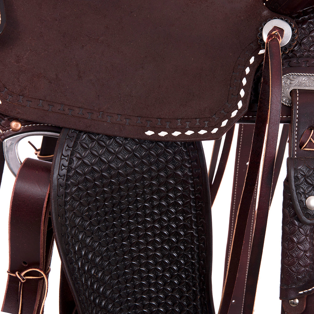 7/8 Chocolate Smooth 1/8 Roughout Barrel Saddle- Notched 7/8 Diamond Waffle Tooling and White Buckstitch, Cheyenne