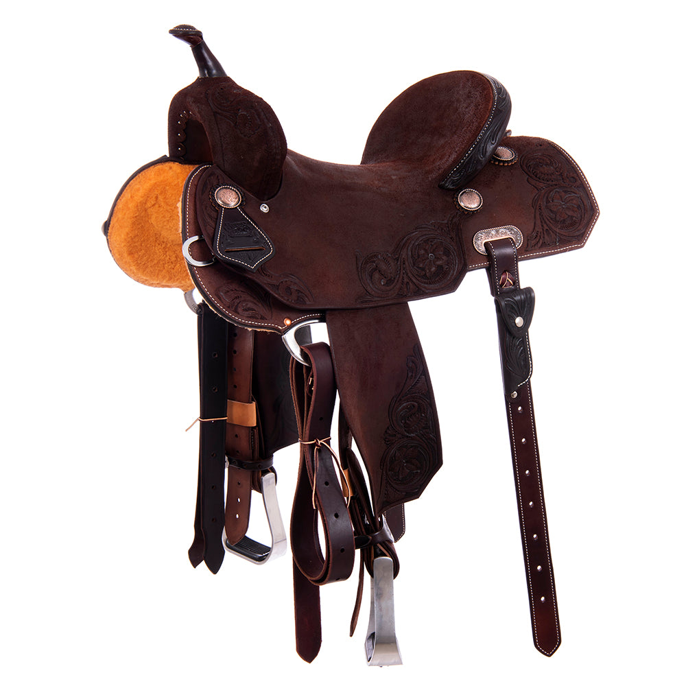 Barrel Saddle – Chocolate Roughout, Notched Skirt, D. Daisy Floral Corner Tooling