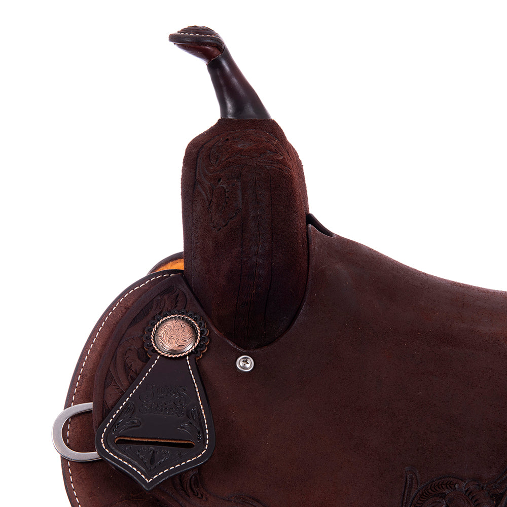 Barrel Saddle – Chocolate Roughout, Notched Skirt, D. Daisy Floral Corner Tooling