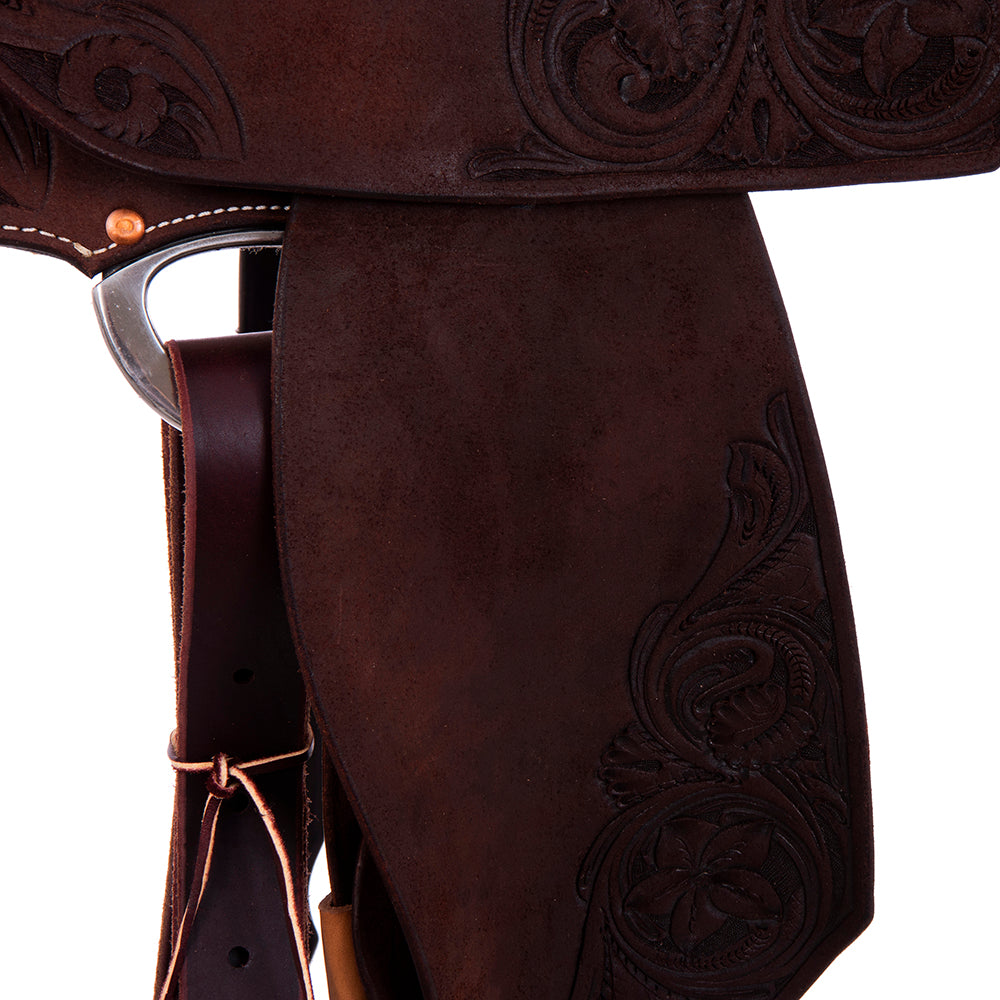 Barrel Saddle – Chocolate Roughout, Notched Skirt, D. Daisy Floral Corner Tooling