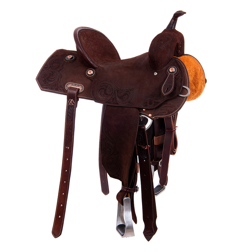 Burns Chocolate RO Barrel Saddle - Notched - Leaf Floral Corner - Standard Binding