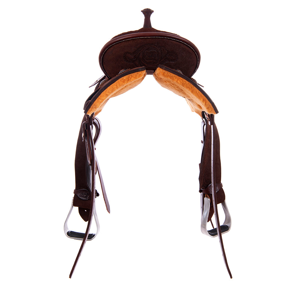 Burns Chocolate RO Barrel Saddle - Notched - Leaf Floral Corner - Standard Binding