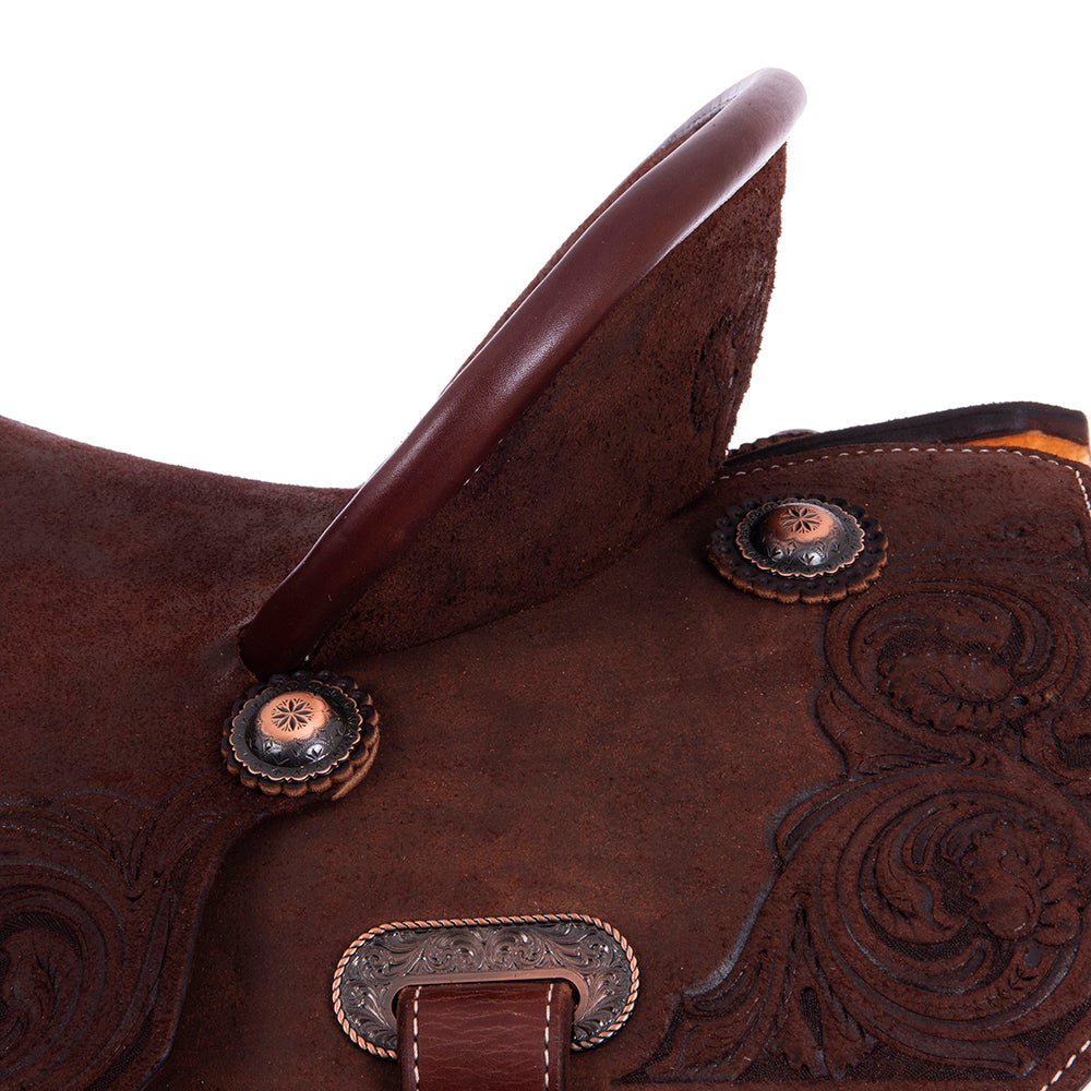 Burns Chocolate RO Barrel Saddle - Notched - Leaf Floral Corner - Standard Binding