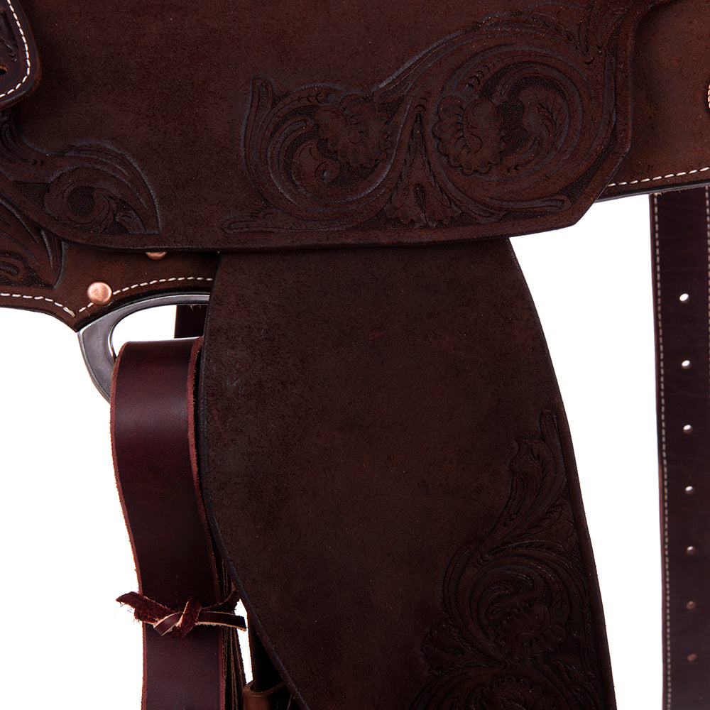 Burns Chocolate RO Barrel Saddle - Notched - Leaf Floral Corner - Standard Binding