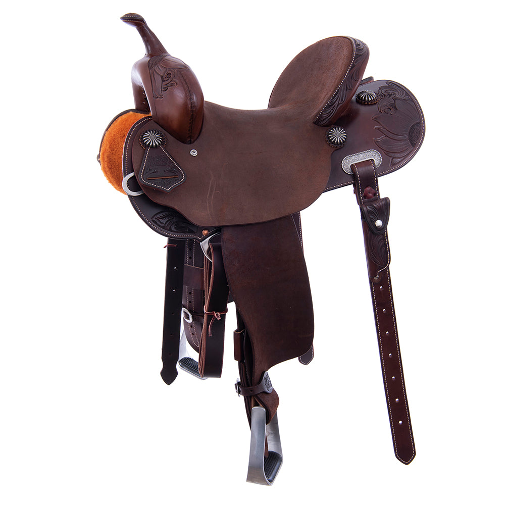 Chocolate 1/2 Smooth 1/2 Roughout Barrel Saddle - Round Skirts, 1/2 Sunny Daze Floral Corner, Cheyenne