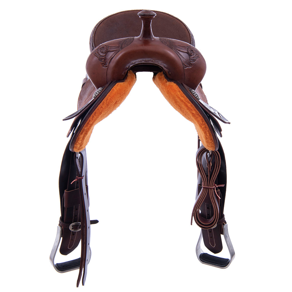 Chocolate 1/2 Smooth 1/2 Roughout Barrel Saddle - Round Skirts, 1/2 Sunny Daze Floral Corner, Cheyenne