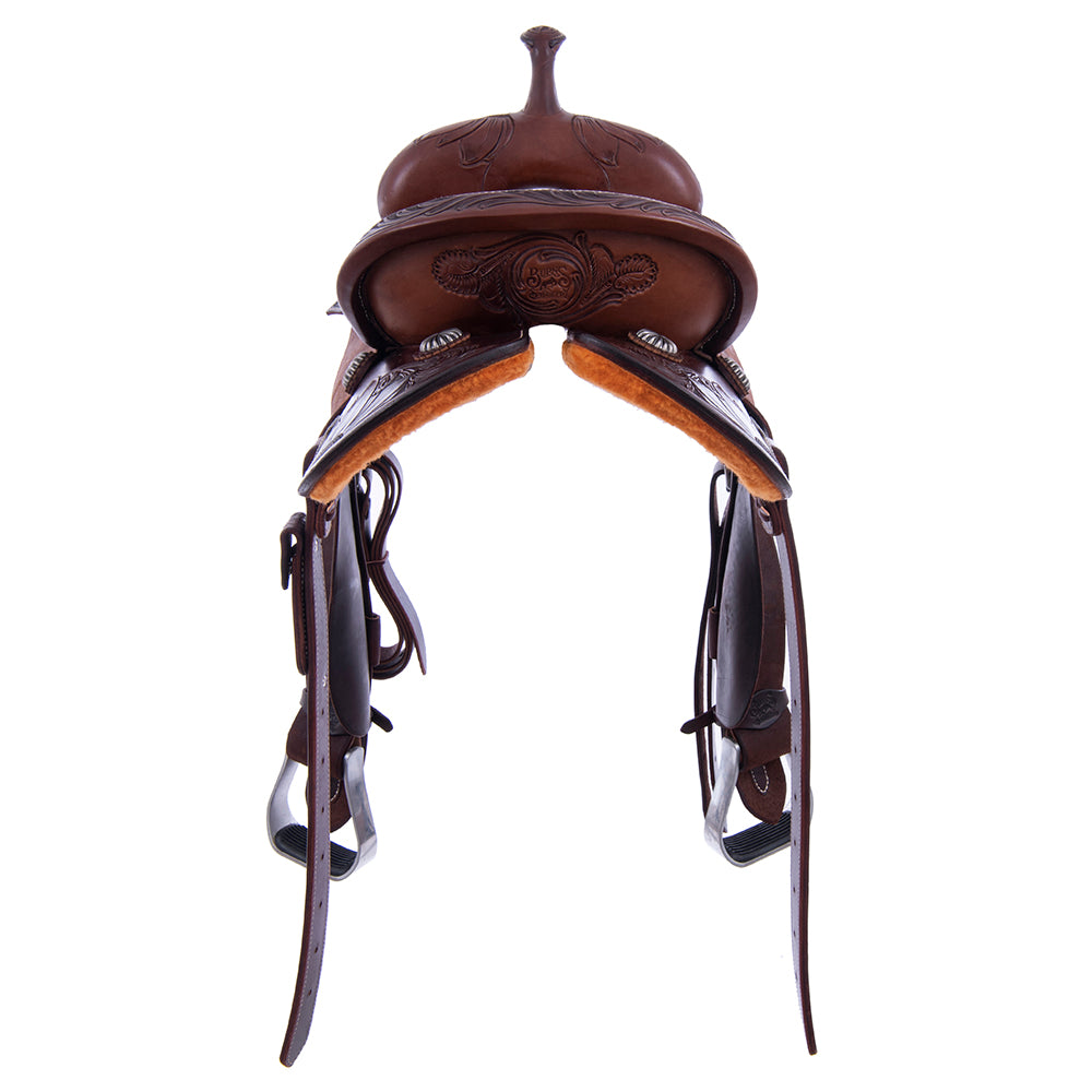 Chocolate 1/2 Smooth 1/2 Roughout Barrel Saddle - Round Skirts, 1/2 Sunny Daze Floral Corner, Cheyenne