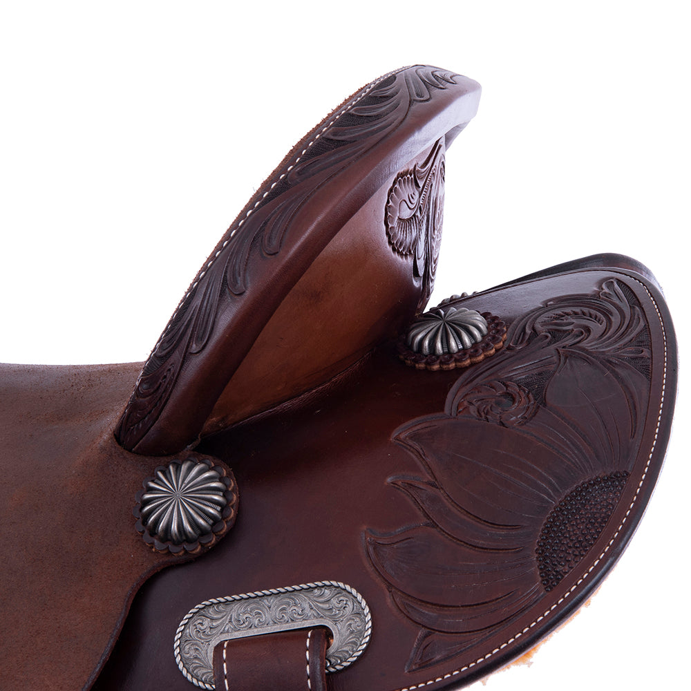 Chocolate 1/2 Smooth 1/2 Roughout Barrel Saddle - Round Skirts, 1/2 Sunny Daze Floral Corner, Cheyenne