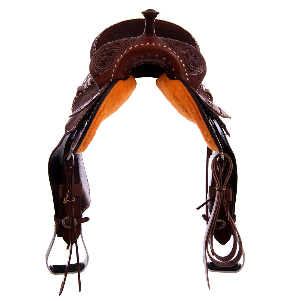 1/2 Smooth Chocolate 1/2 Chocolate Roughout Barrel Saddle- Notched 7/8 MW Floral with Natural Buckstitch