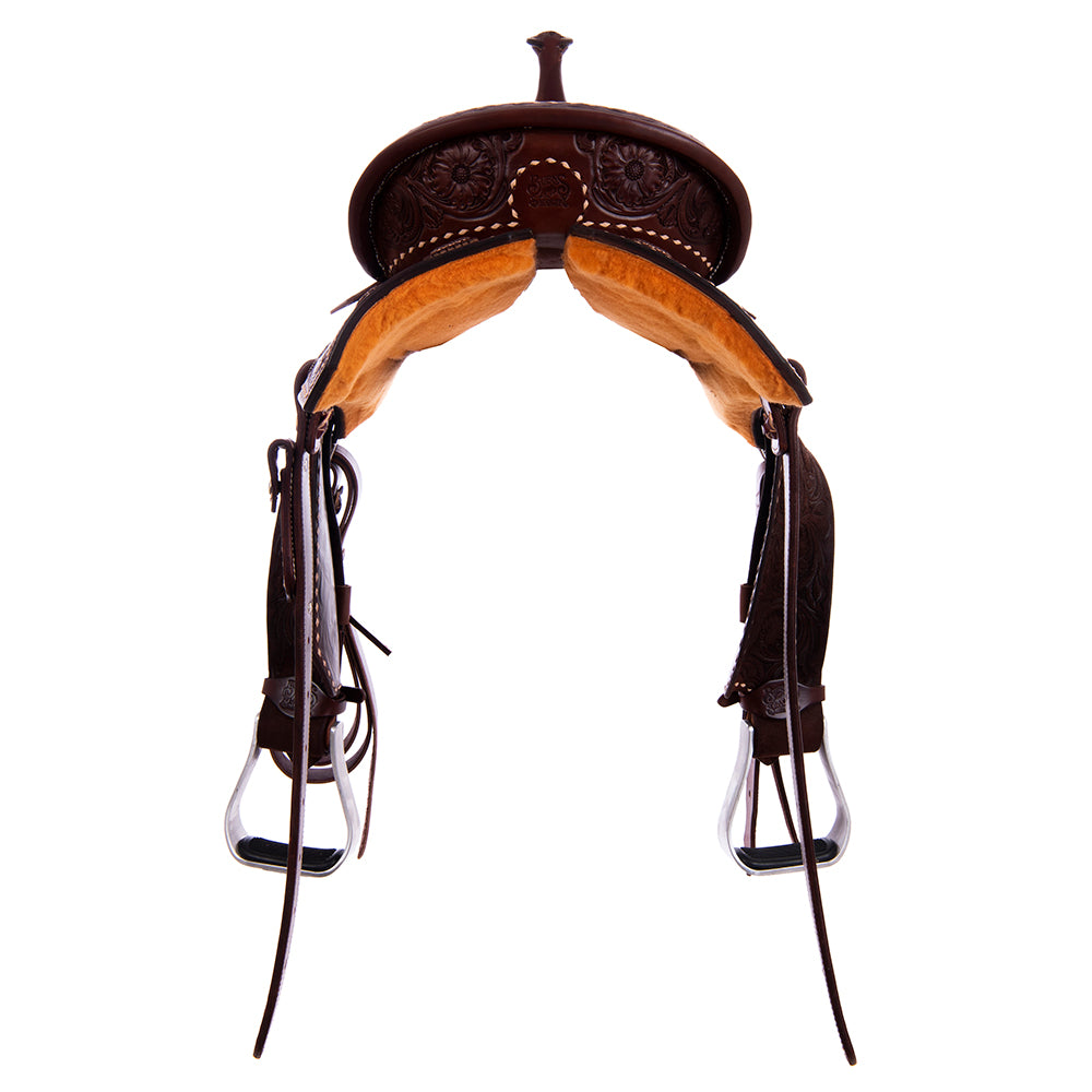 1/2 Smooth Chocolate 1/2 Chocolate Roughout Barrel Saddle- Notched 7/8 MW Floral with Natural Buckstitch