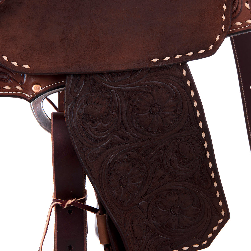 1/2 Smooth Chocolate 1/2 Chocolate Roughout Barrel Saddle- Notched 7/8 MW Floral with Natural Buckstitch