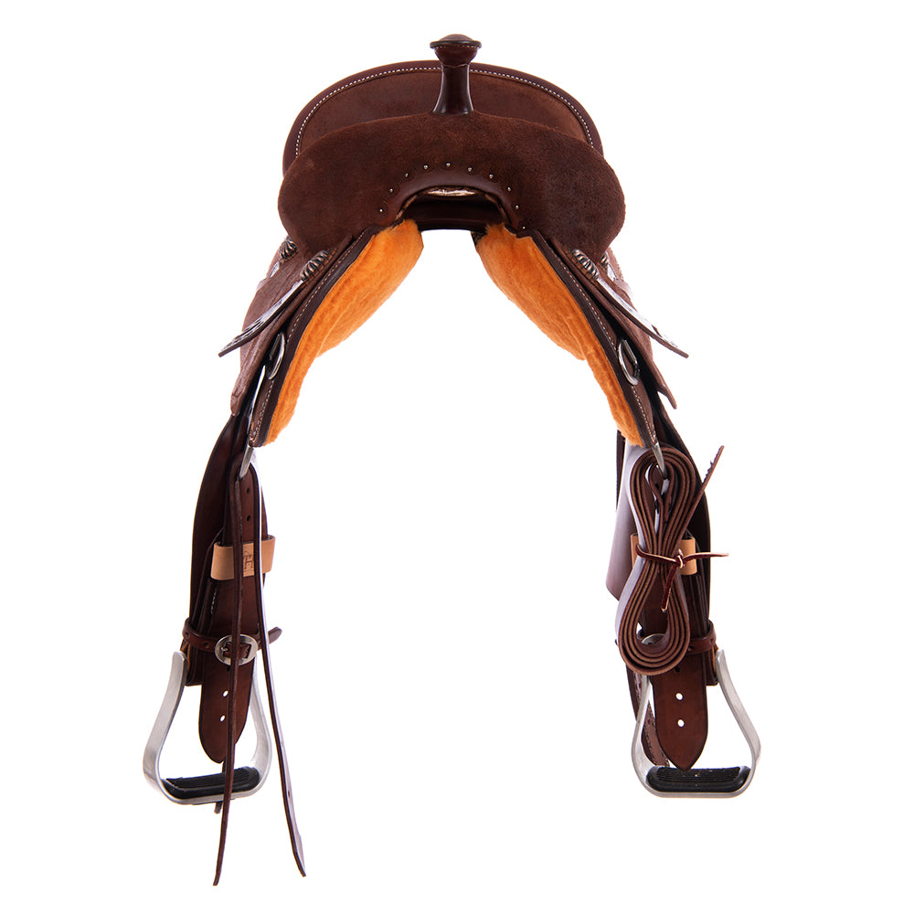 Burns Chocolate RO Barrel Saddle - Round - Binding, Billets, Skirts Bronze Buckstitch - Sundance Pea