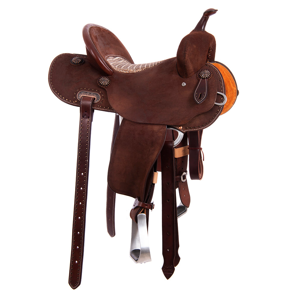 Burns Chocolate RO Barrel Saddle - Round - Binding, Billets, Skirts Bronze Buckstitch - Sundance Pea