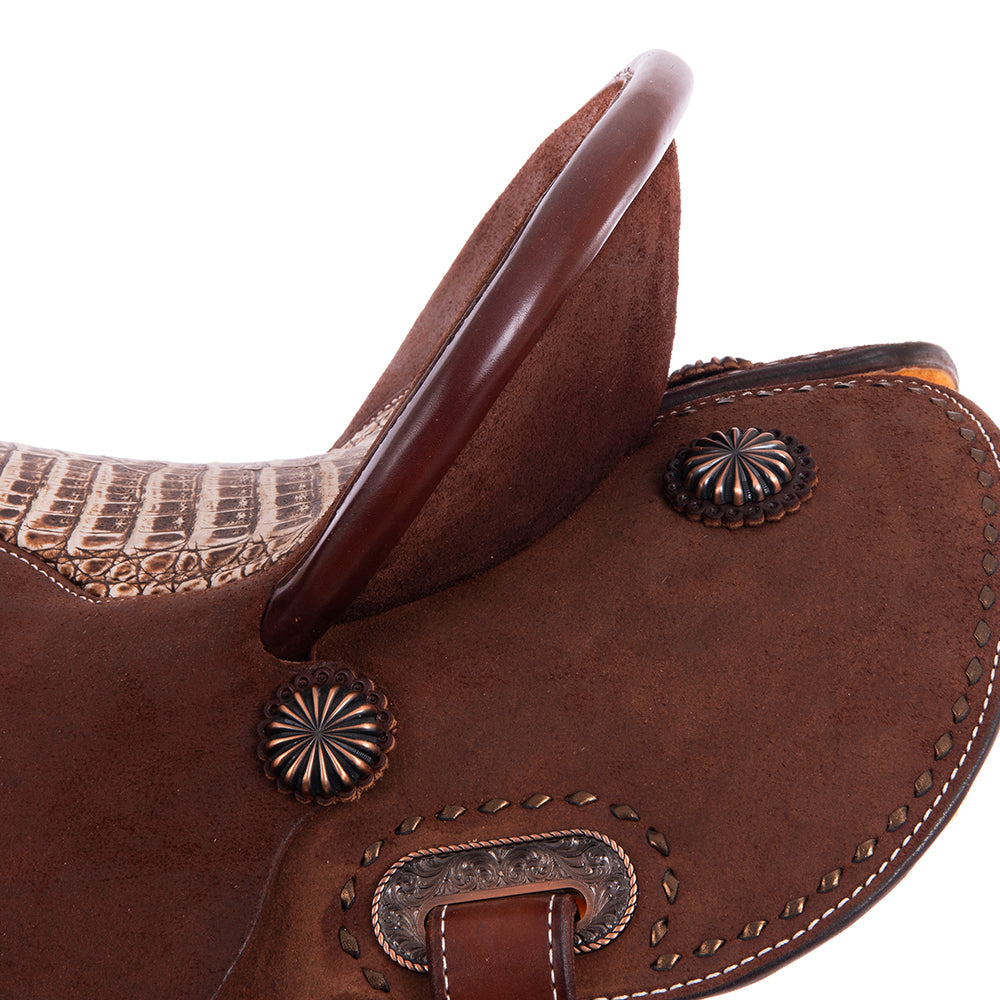 Burns Chocolate RO Barrel Saddle - Round - Binding, Billets, Skirts Bronze Buckstitch - Sundance Pea