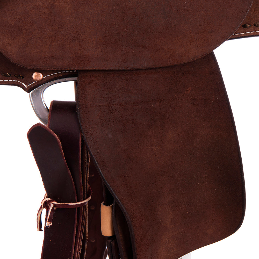 Burns Chocolate RO Barrel Saddle - Round - Binding, Billets, Skirts Bronze Buckstitch - Sundance Pea