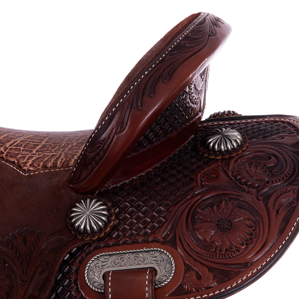 Burns Chocolate SO/RO Barrel Saddle - Round - 1/2 MW Flower - Peat Elephant Inlay