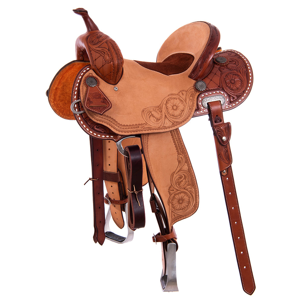 Barrel Saddle - Chestnut Leather, Smooth/Roughout, 1/2 Quilt MW Flower Tooling, Rust Suede Inlay