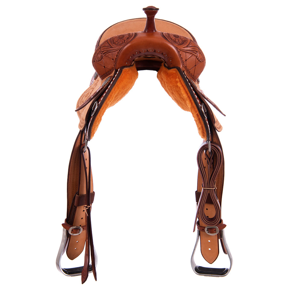 Burns Chestnut SO/RO Barrel Saddle - 1/2 Quilt MW Flower - Rust Suede Inlay