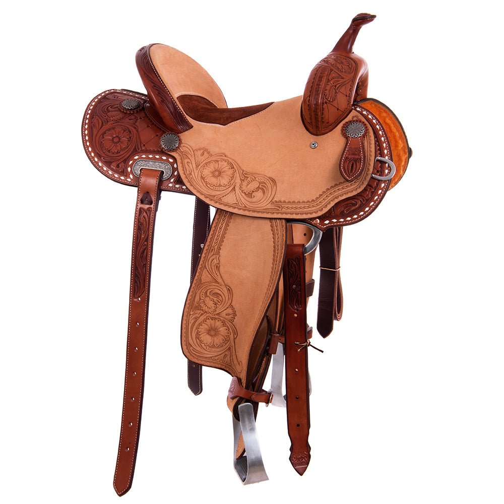 Burns Chestnut SO/RO Barrel Saddle - 1/2 Quilt MW Flower - Rust Suede Inlay