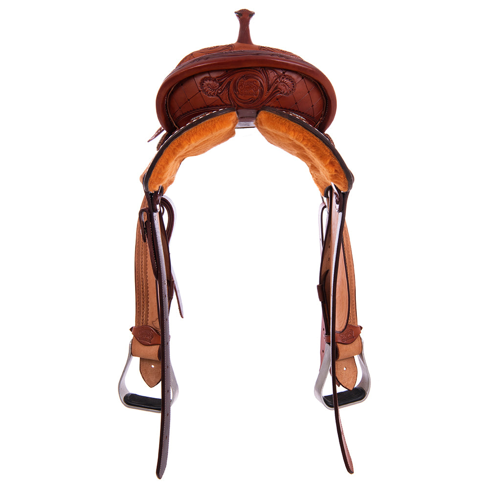 Burns Chestnut SO/RO Barrel Saddle - 1/2 Quilt MW Flower - Rust Suede Inlay