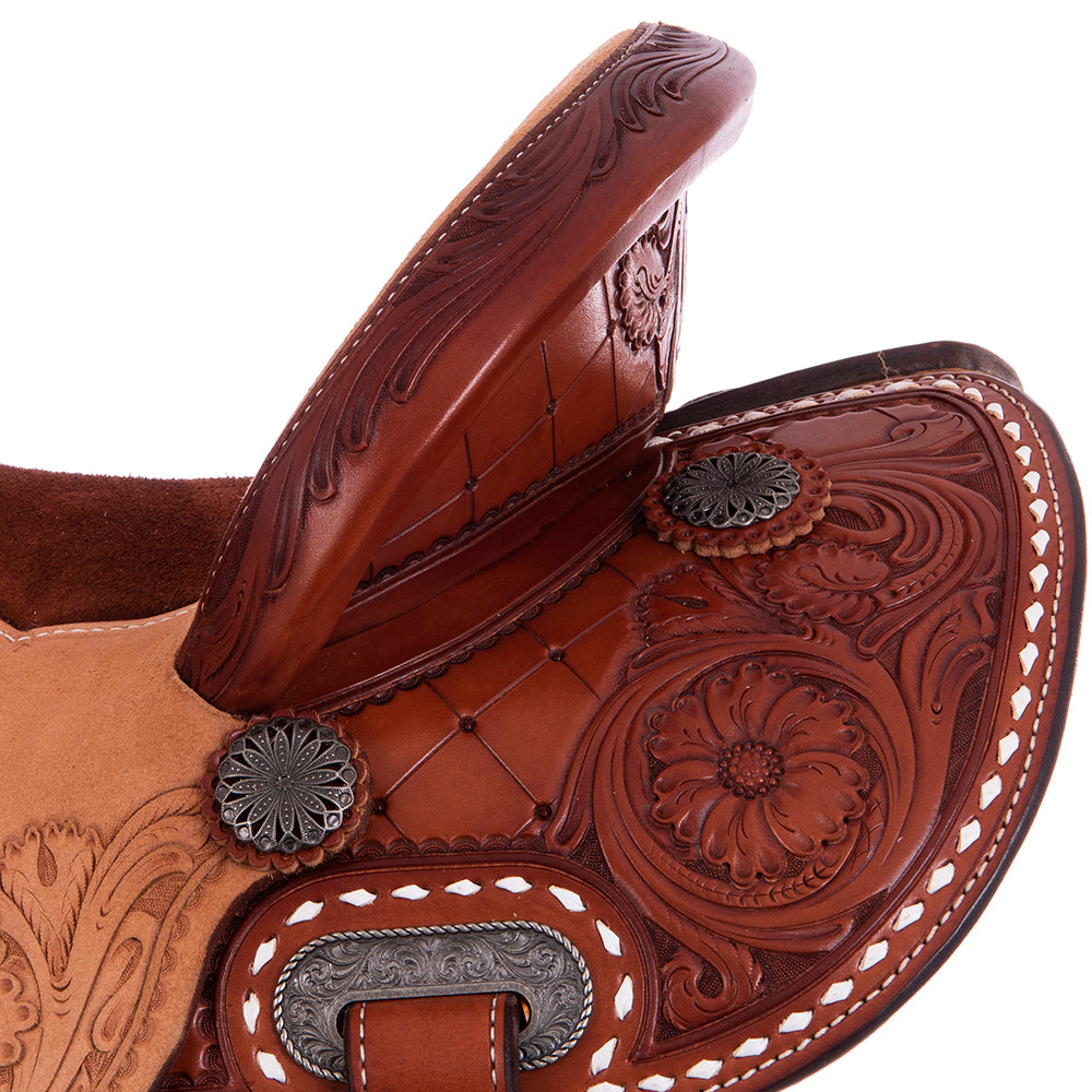 Burns Chestnut SO/RO Barrel Saddle - 1/2 Quilt MW Flower - Rust Suede Inlay