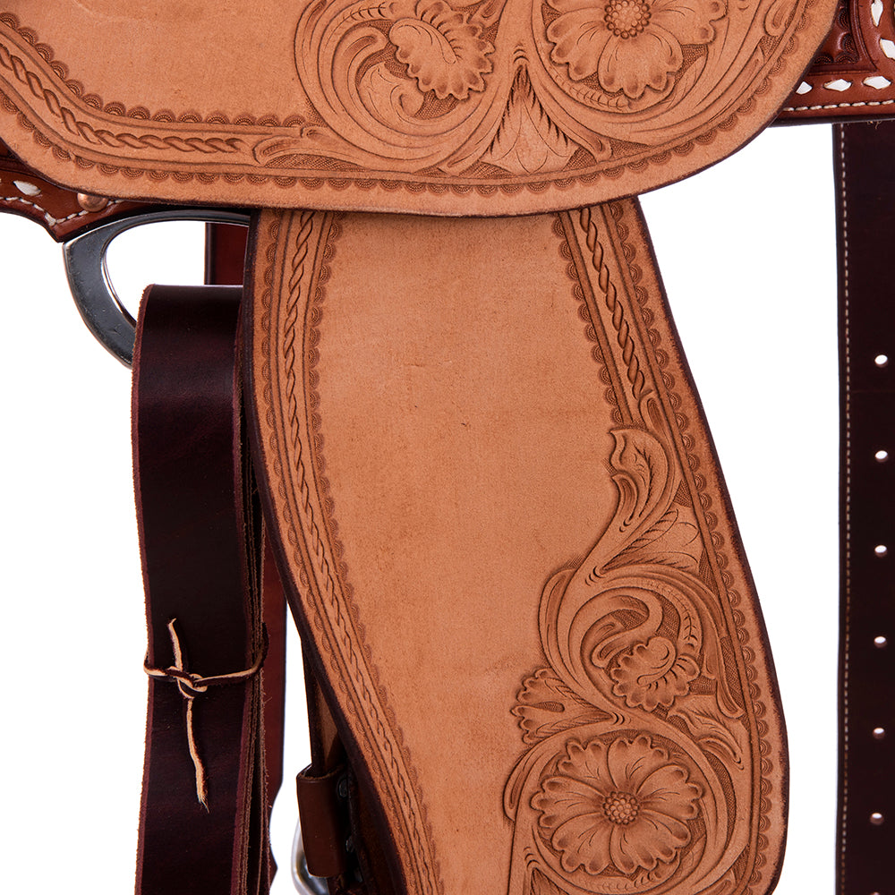 Barrel Saddle - Chestnut Leather, Smooth/Roughout, 1/2 Quilt MW Flower Tooling, Rust Suede Inlay