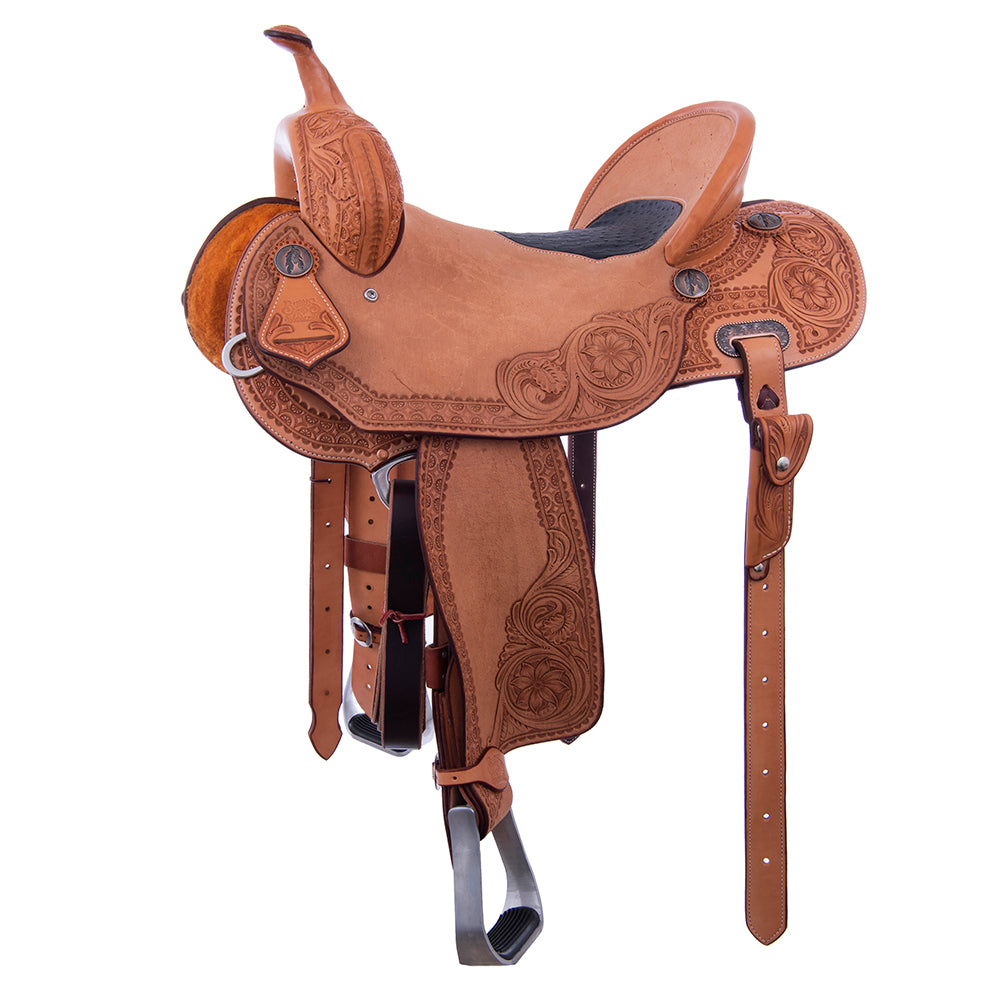 Burns Russet SO/RO Barrel Saddle - Round - Deeter Deluxe w/ Sunflower - Standard Binding - Navy Ostr