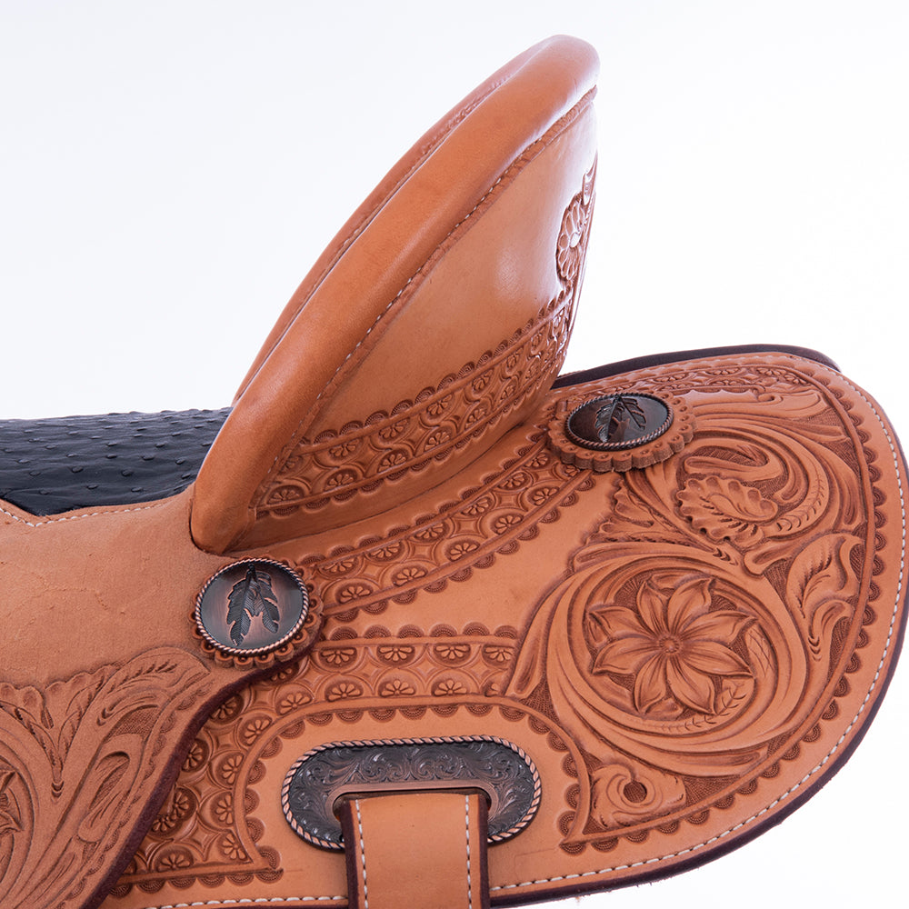 Burns Russet SO/RO Barrel Saddle - Round - Deeter Deluxe w/ Sunflower - Standard Binding - Navy Ostr