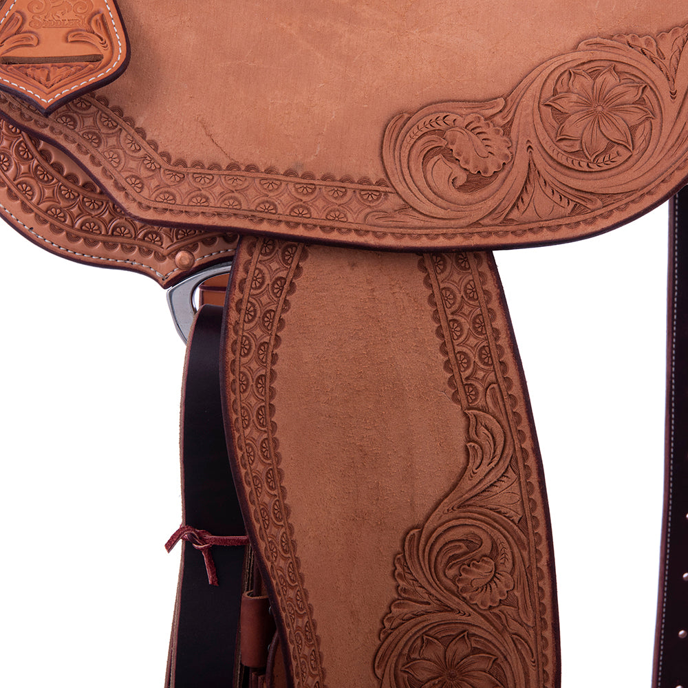 Burns Russet SO/RO Barrel Saddle - Round - Deeter Deluxe w/ Sunflower - Standard Binding - Navy Ostr
