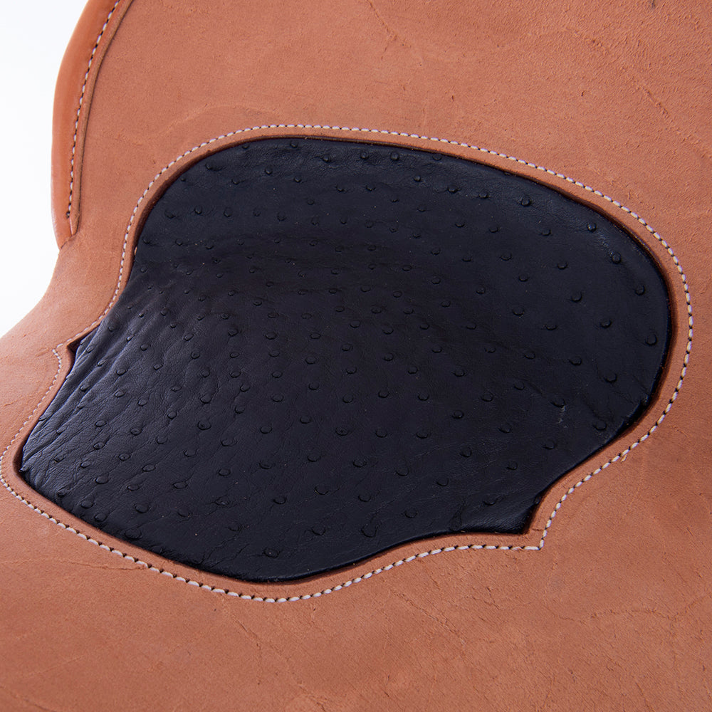 Burns Russet SO/RO Barrel Saddle - Round - Deeter Deluxe w/ Sunflower - Standard Binding - Navy Ostr
