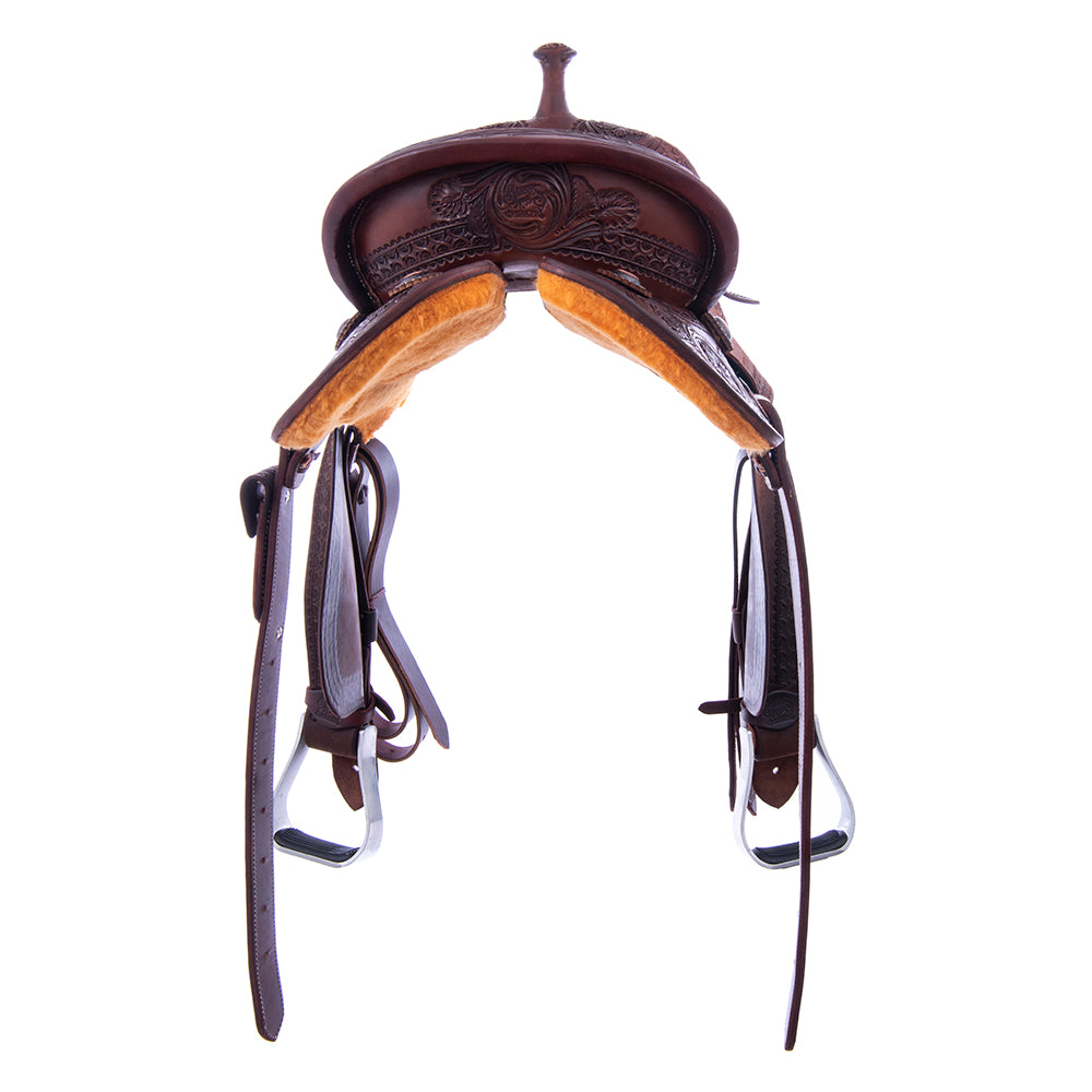Burns Chocolate SO/RO Barrel Saddle - Round - 1/2 WYO Floral Corner; Deeter Border - Chocolate Inlay