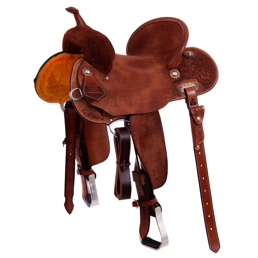 Chestnut Roughout Barrel Saddle - Round Skirts, 1/2 D. Daisy Burgundy Buckstitch Corner, Standard