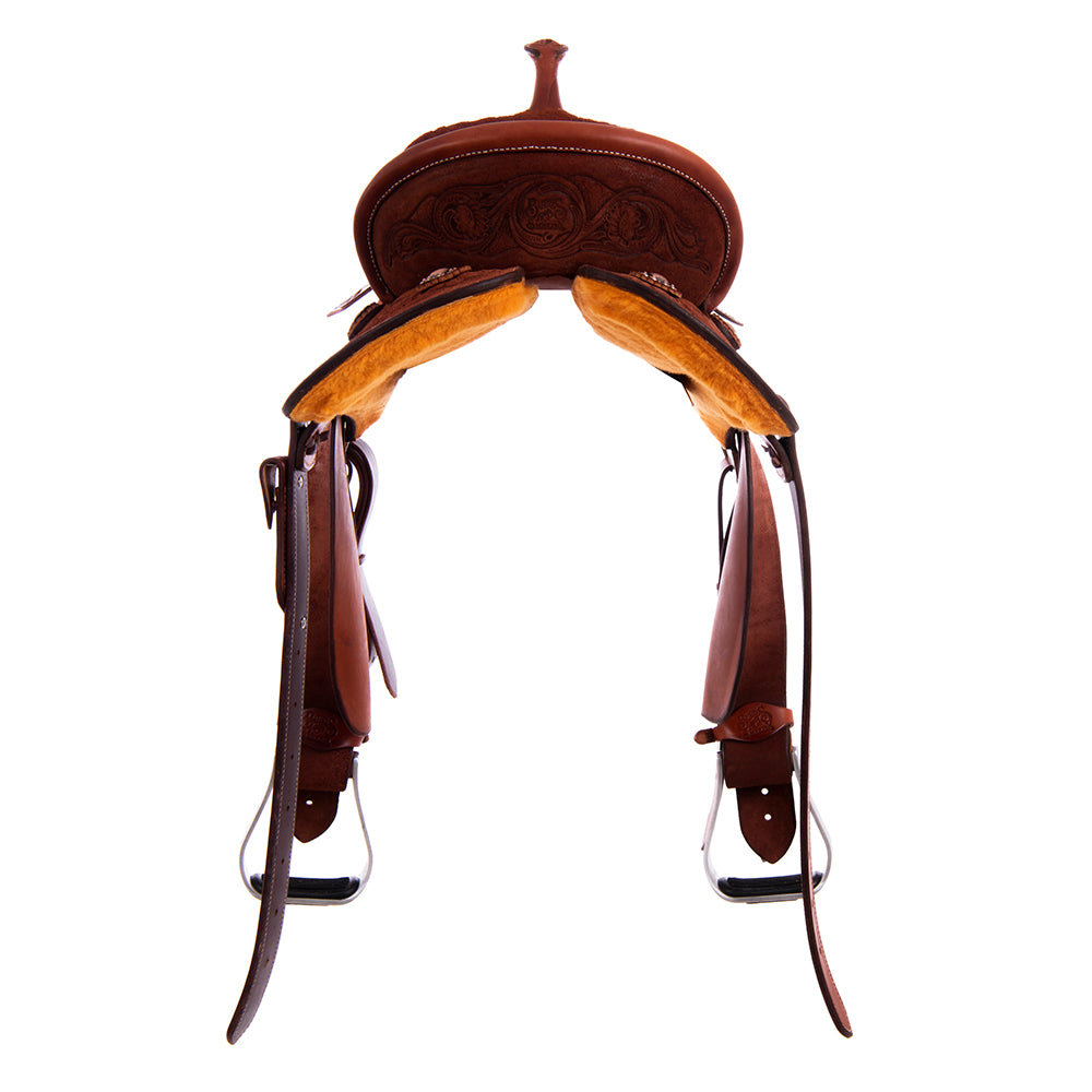 Chestnut Roughout Barrel Saddle - Round Skirts, 1/2 D. Daisy Burgundy Buckstitch Corner, Standard