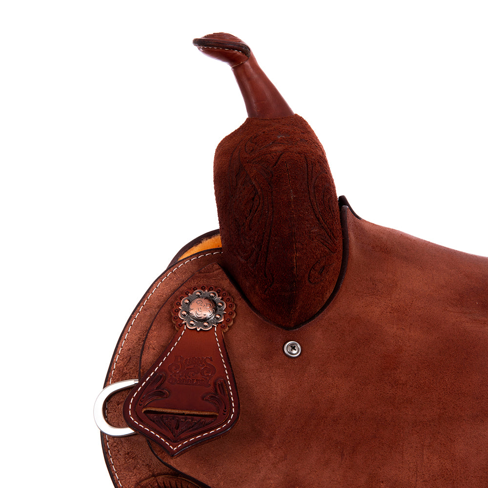 Chestnut Roughout Barrel Saddle - Round Skirts, 1/2 D. Daisy Burgundy Buckstitch Corner, Standard