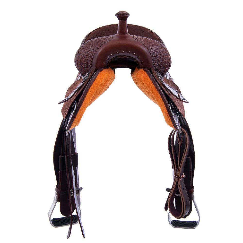 Barrel Saddle - Chocolate Leather, Half Roughout/Smooth, Round Skirt, 1/2 Diamond Waffle Tooling, Flat Chocolate Inlay