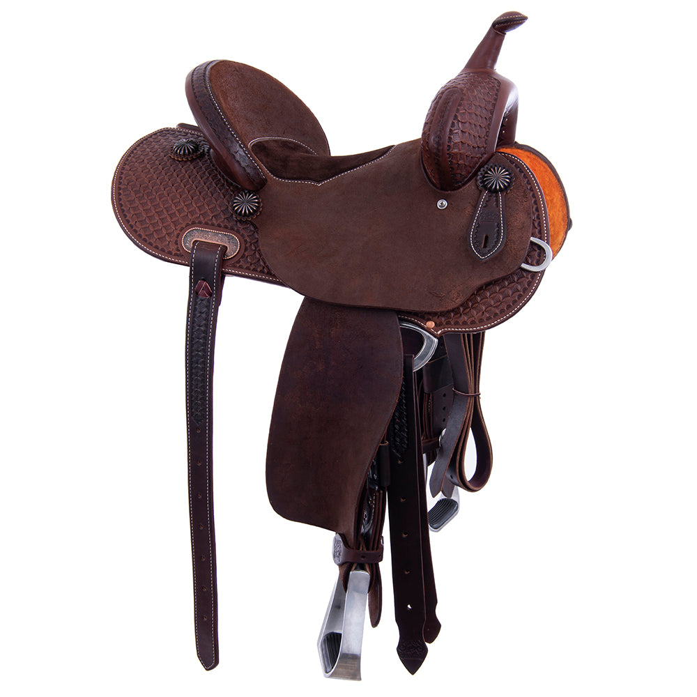 Barrel Saddle - Chocolate Leather, Half Roughout/Smooth, Round Skirt, 1/2 Diamond Waffle Tooling, Flat Inlay