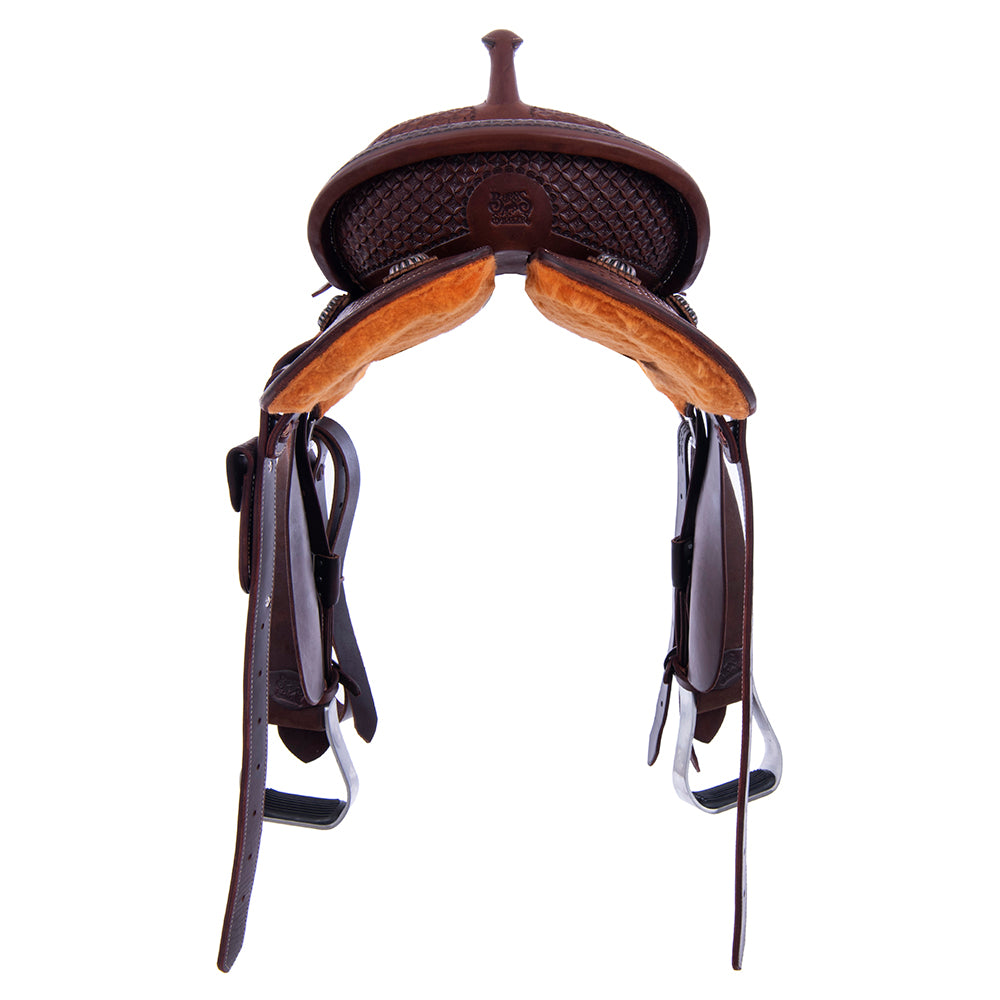 Barrel Saddle - Chocolate Leather, Half Roughout/Smooth, Round Skirt, 1/2 Diamond Waffle Tooling, Flat Chocolate Inlay