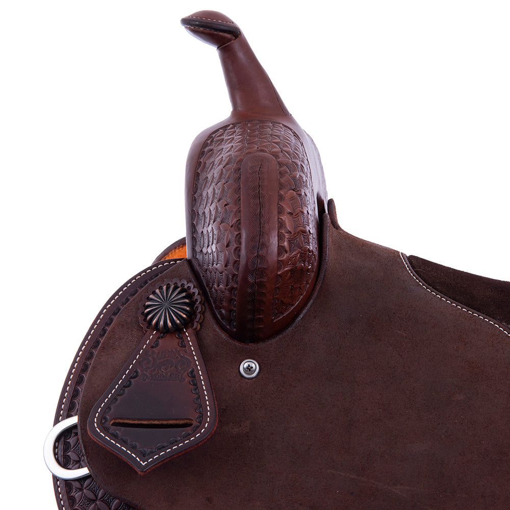 Barrel Saddle - Chocolate Leather, Half Roughout/Smooth, Round Skirt, 1/2 Diamond Waffle Tooling, Flat Inlay